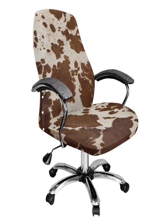 Wanyint Brown Beige Cow Print Office Chair Slipcover Universal Rotating Boss Chair Cover Dustproof Desk Chair Protector Stretchable Fabric Cover with Elatic Bottom, L - Image 1